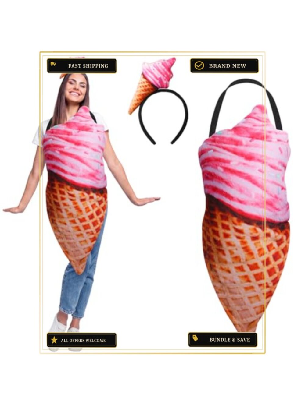 Adult Ice Cream Cone Costume Set Plush Food Cosplay Halloween Outfit